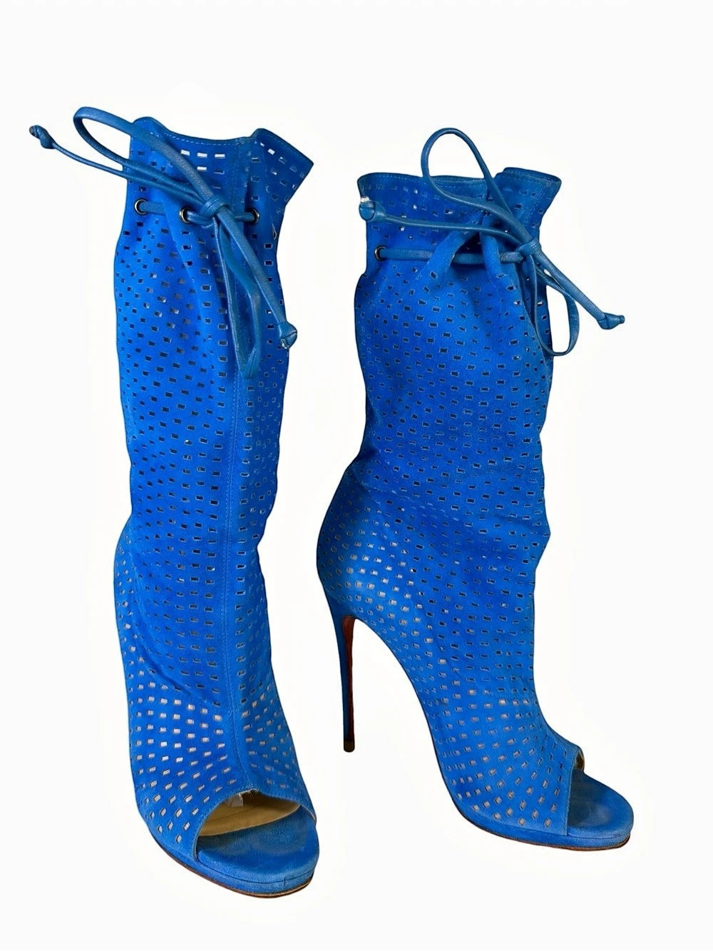 Christian Louboutin Jennifer 120 Perforated Suede Boots Blue Perforated Peep-Toe